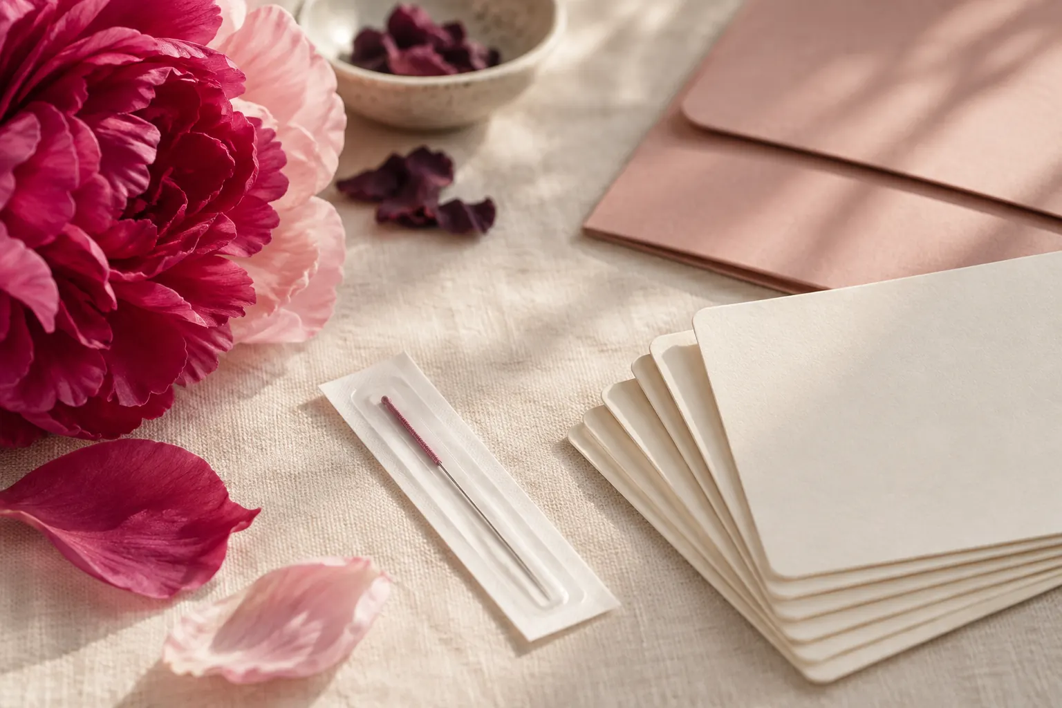 Peony blooms, an acupuncture needle and a Fertility Roadmap card set on linen