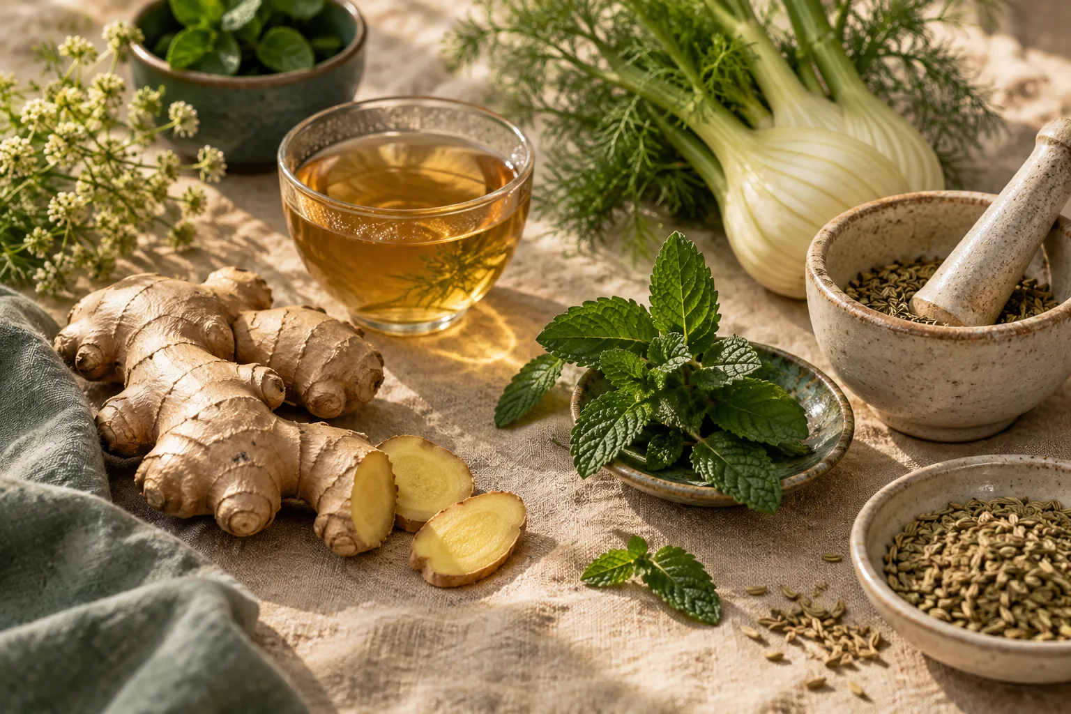 Digestive herbs and whole foods used in functional gut care